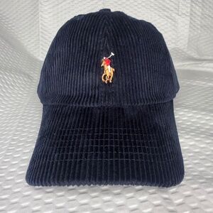 AUTHENTIC POLO RALPH LAUREN CORDUROY CAP NAVY BLUE UNISEX ONE SIZE M/L VINTAGE